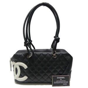 Chanel Cambon Coco Mark Leather Bowling Bag Black White